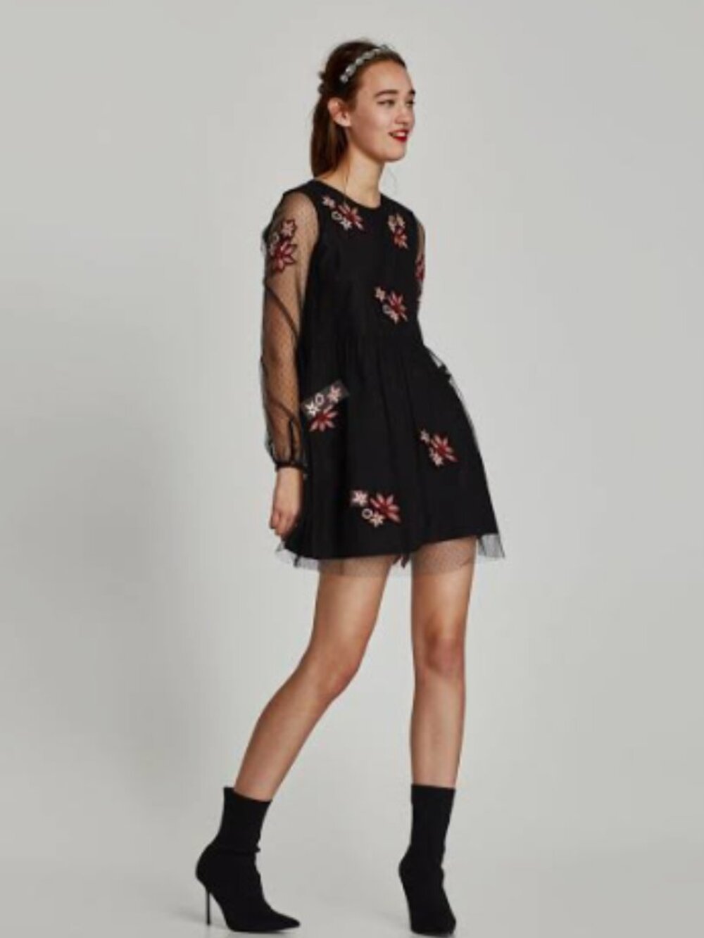 NWOT ZARA Black Floral Embroidered Sheer Tulle Long Sleeve Mini Dress